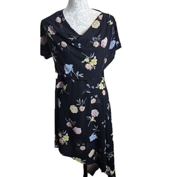 Atmosphere Midi Black Floral Short Sleeve Asymmetrical Dress Women's 10 - Picture 1 of 6